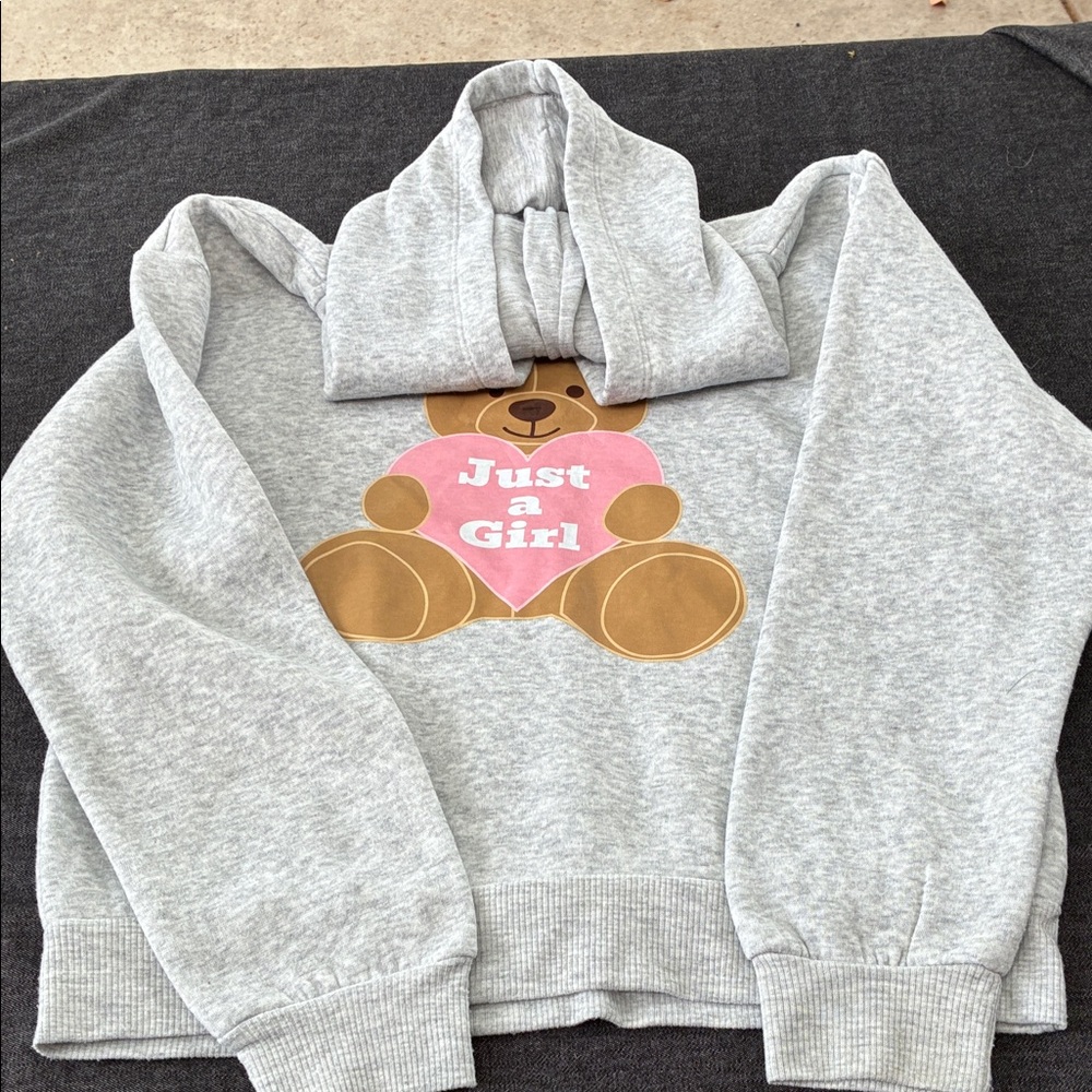 Girls' Gray Teddy Heart Hoodie Sweatshirt
